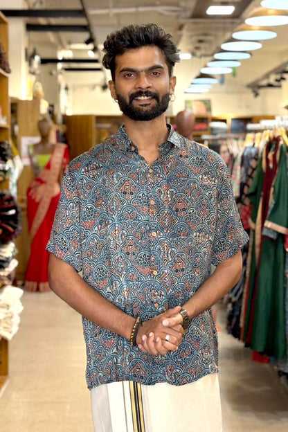 Blue Modal Silk Red Floral Print Shirt