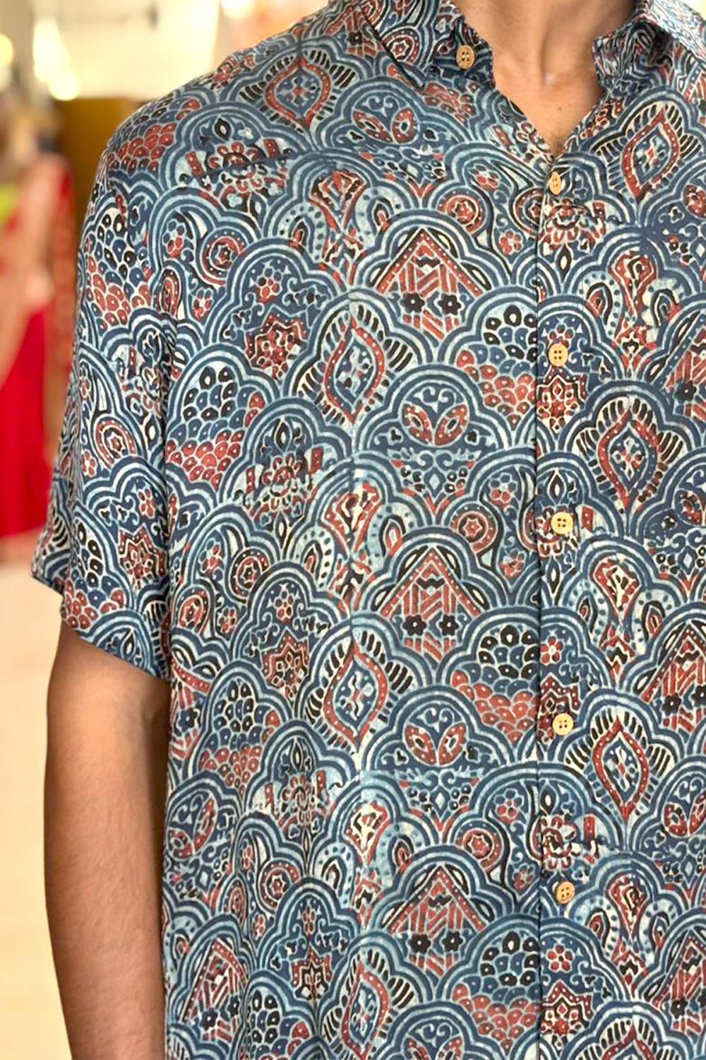 Blue Modal Silk Red Floral Print Shirt