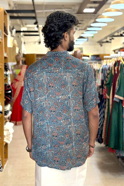 Blue Modal Silk Red Floral Print Shirt