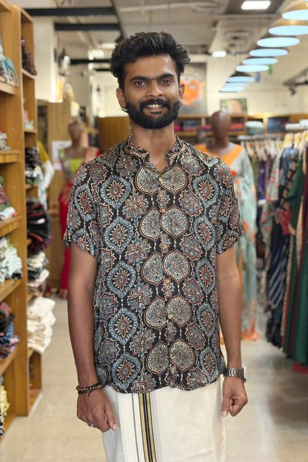 Black Modal Silk Mugal Print Shirt