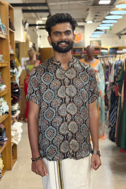 Black Modal Silk Mugal Print Shirt