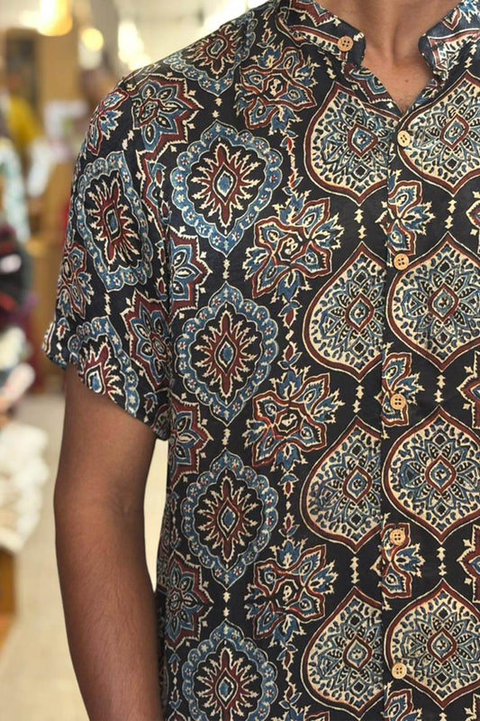 Black Modal Silk Mugal Print Shirt