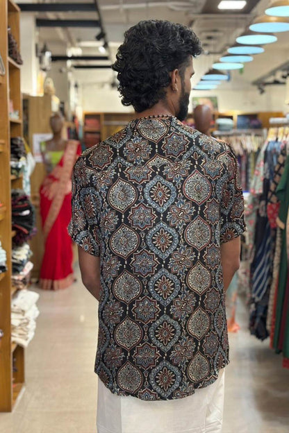 Black Modal Silk Mugal Print Shirt