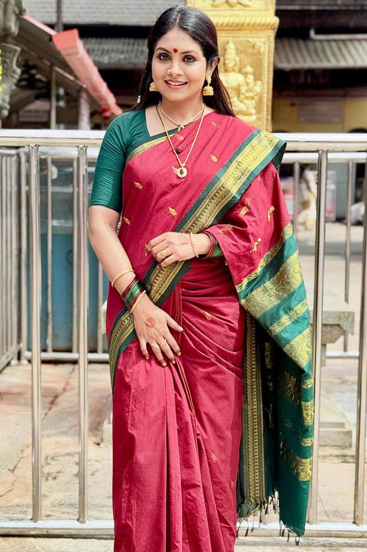 Red Gadwal Cotton Saree with Green Border