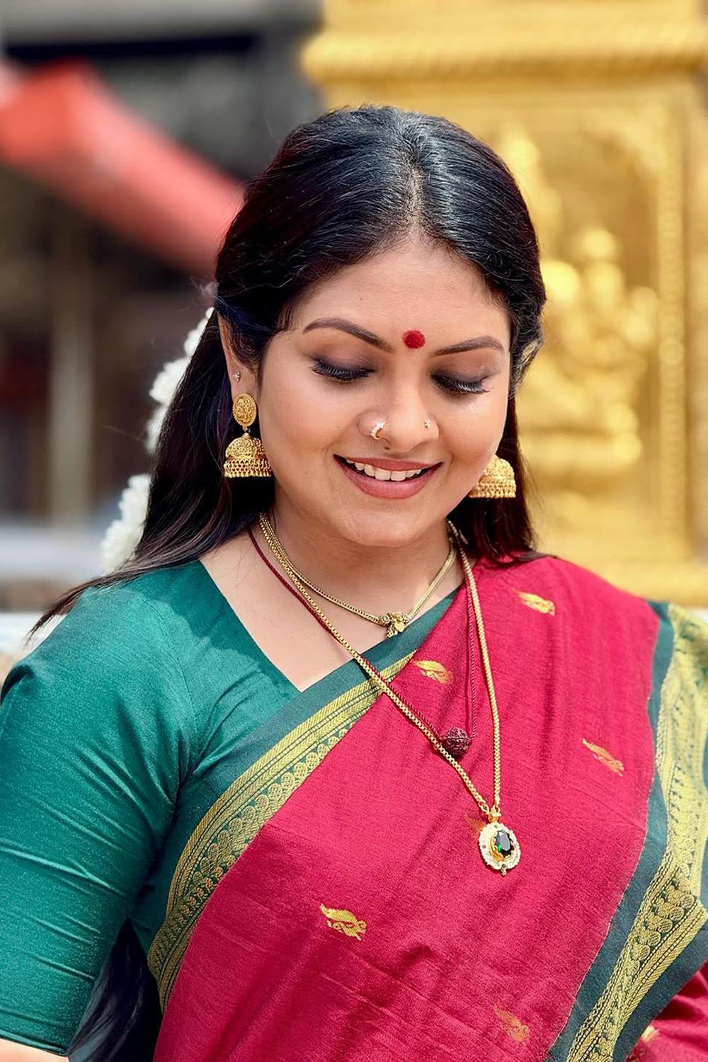 Red Gadwal Cotton Saree with Green Border