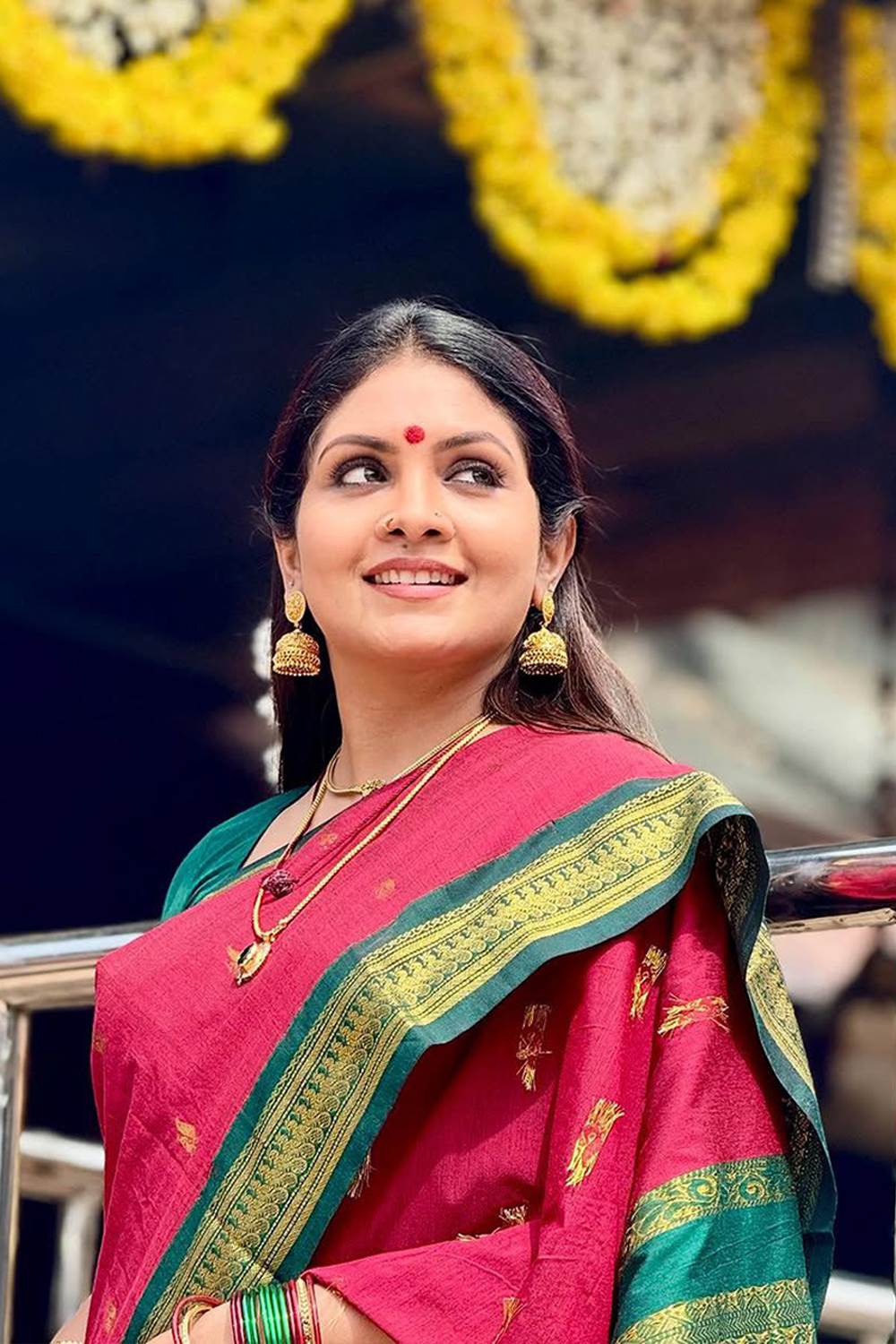 Red Gadwal Cotton Saree with Green Border