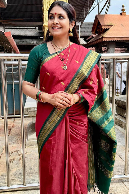 Red Gadwal Cotton Saree with Green Border