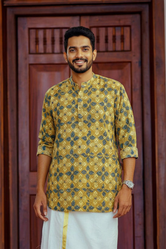 Ajrakh Yellow Base Full Sleeve Kurtha