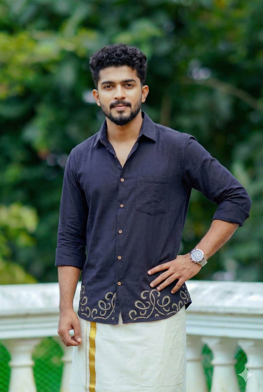 Handloom Black Shirt with Golden Print