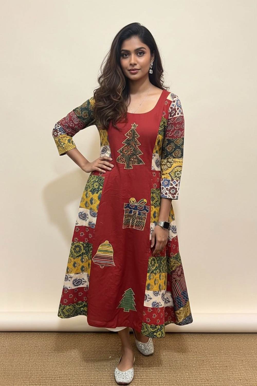 Red 3 Panel A Line Patch Kurti