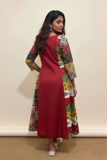 Red 3 Panel A Line Patch Kurti