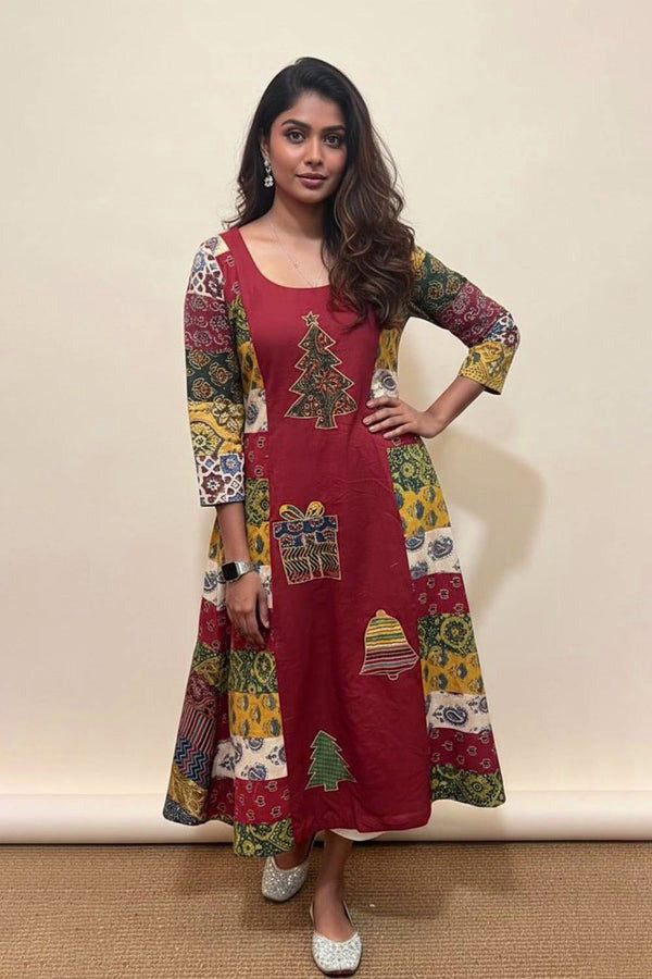 Red 3 Panel A Line Patch Kurti