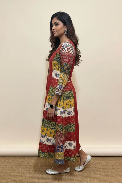 Red 3 Panel A Line Patch Kurti