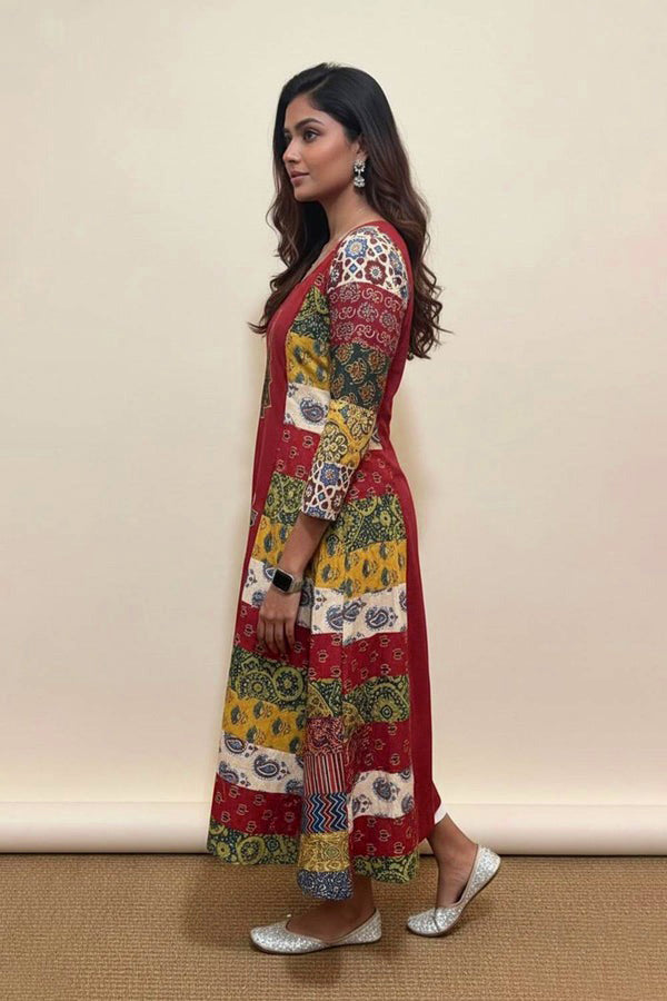 Red 3 Panel A Line Patch Kurti