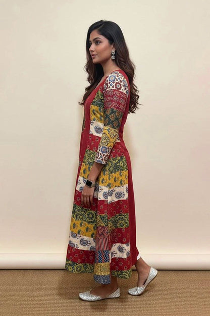 Red 3 Panel A Line Patch Kurti