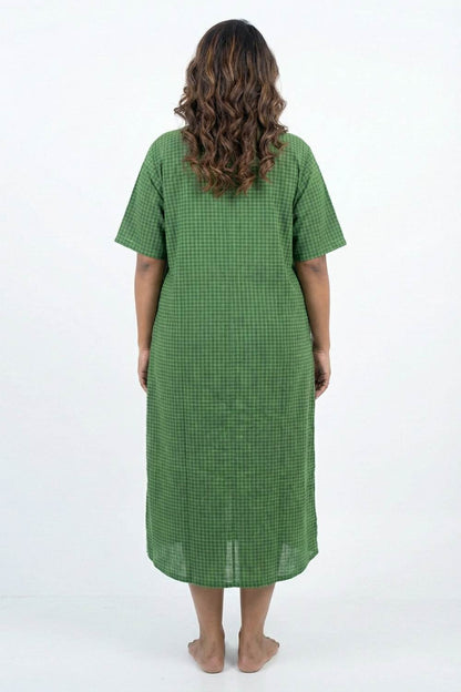 Handloom Cotton Green Checked Box Fitted Dress