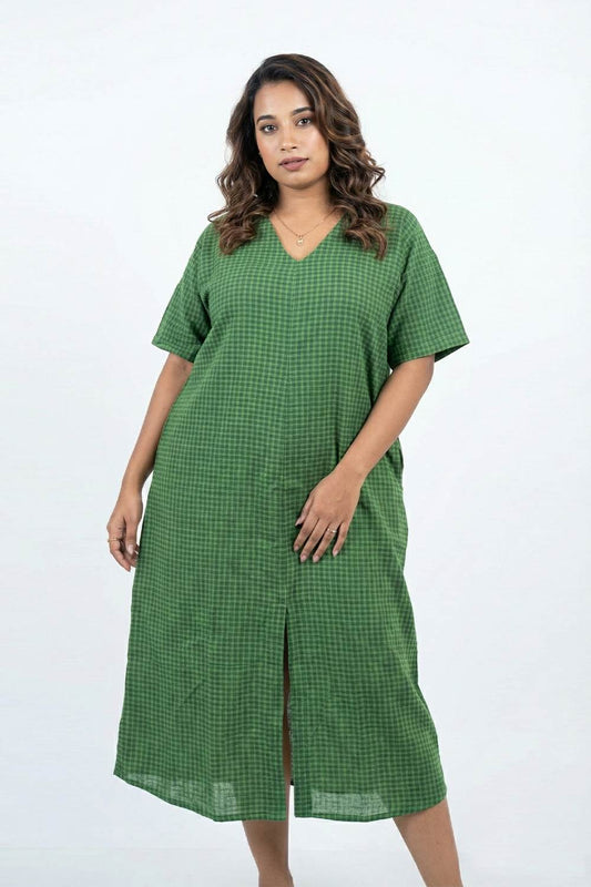 Handloom Cotton Green Checked Box Fitted Dress