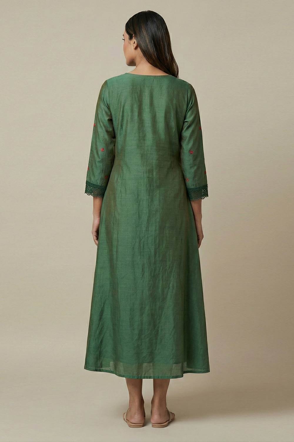 Green Channderi A Line Dress