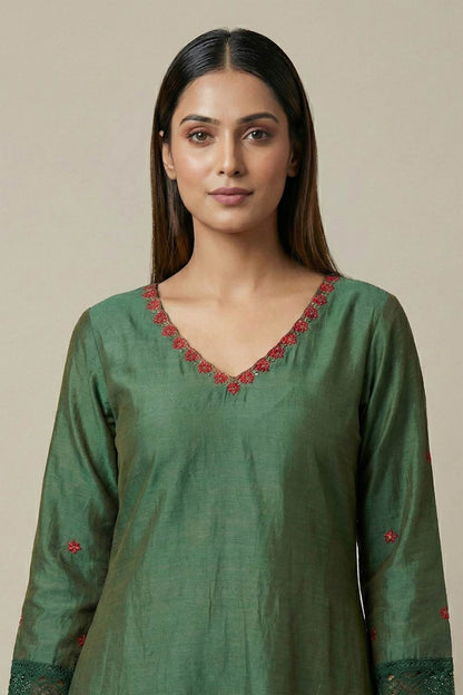 Green Channderi A Line Dress
