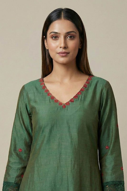 Green Channderi A Line Dress