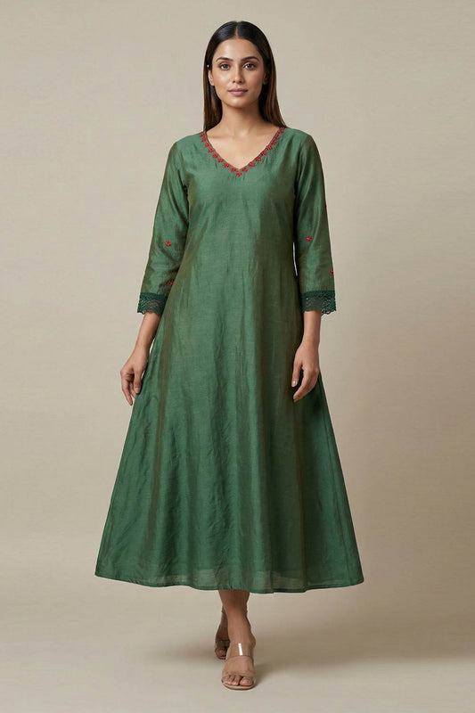 Green Channderi A Line Dress