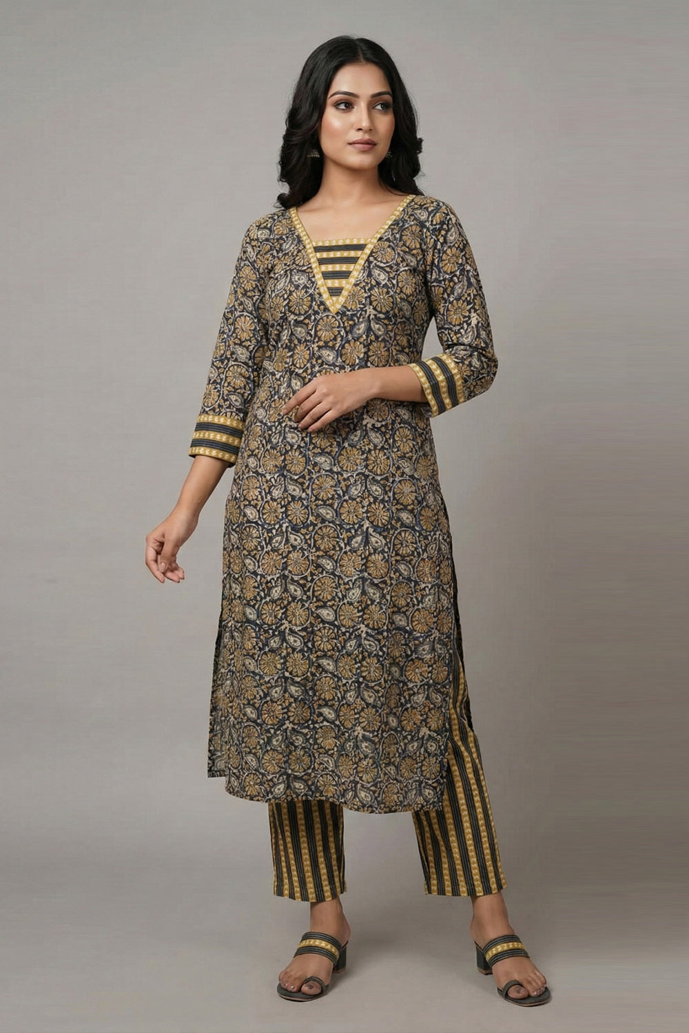 Black Kalamkari Slited Kurti Set