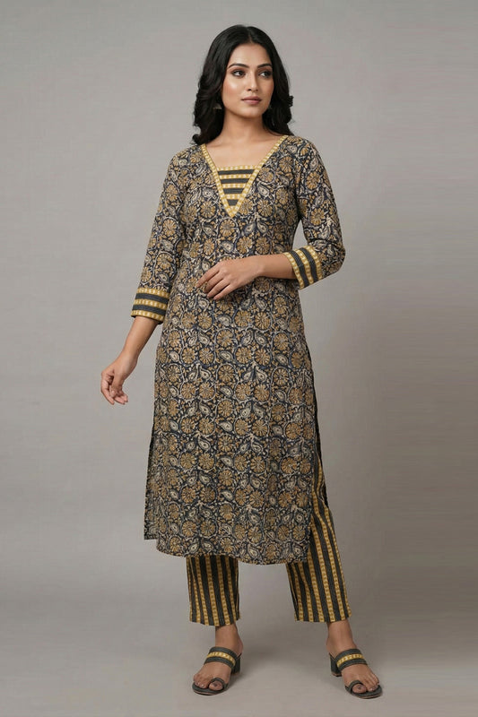 Black Kalamkari Slited Kurti Set