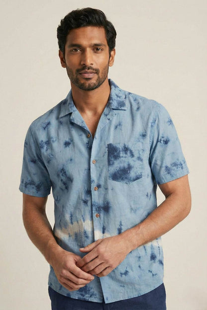 Blue & White Shibori  Lapel Collar Shirt