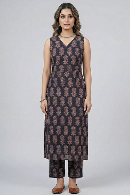 Black Kurti Red & Blue Floral Co ord Set