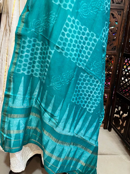 Indigo Floral Block& Polka Dots Chanderi Dupatta