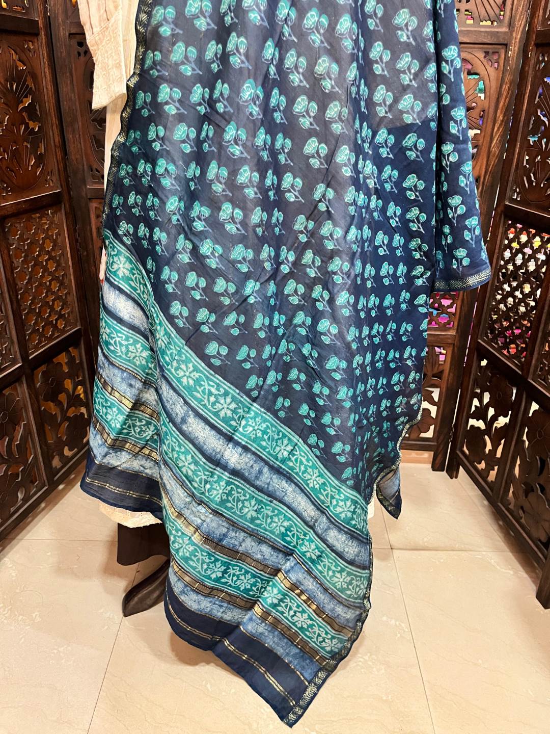 Indigo Tri Floral Chanderi Dupatta