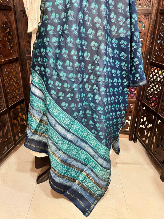 Indigo Tri Floral Chanderi Dupatta