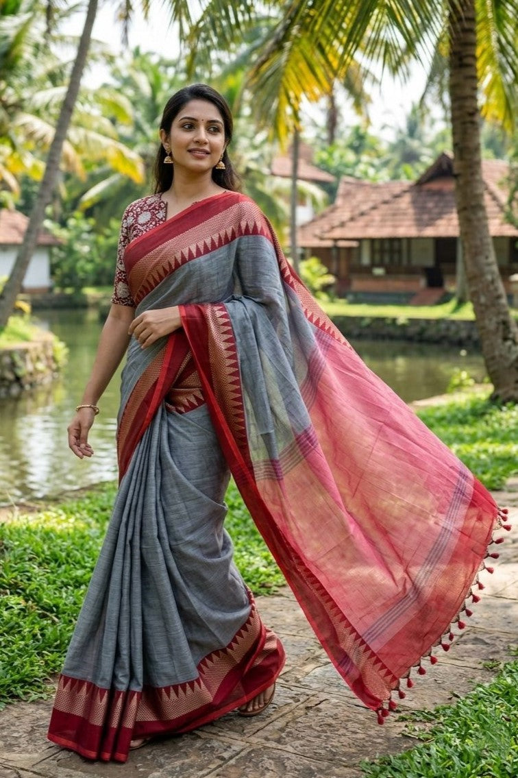 Grey Handloom Temple Border Saree