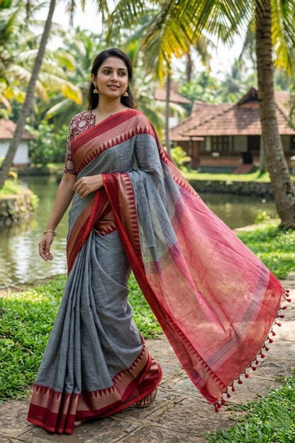 Grey Handloom Temple Border Saree