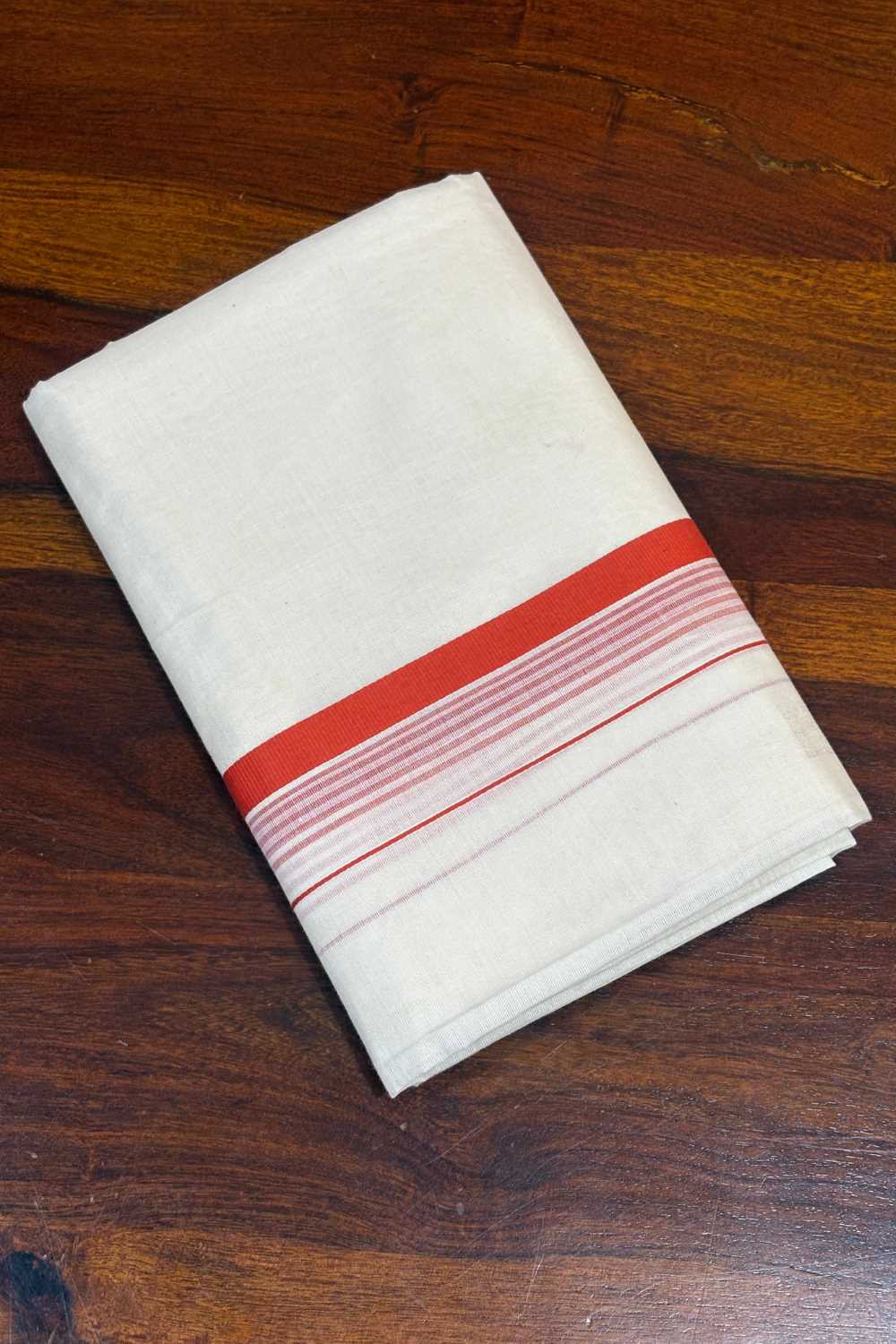 Offwhite Dhothi Orange Thick & Thin Stripe Border