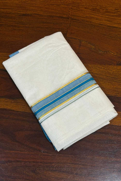 Offwhite Dhothi with Thick Skyblue & Golden Border