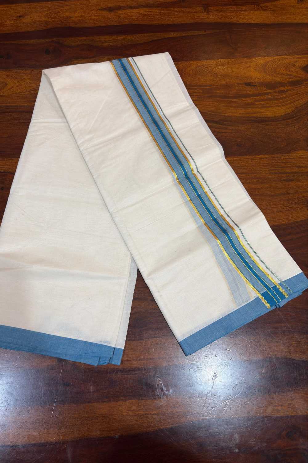 Offwhite Dhothi with Thick Skyblue & Golden Border