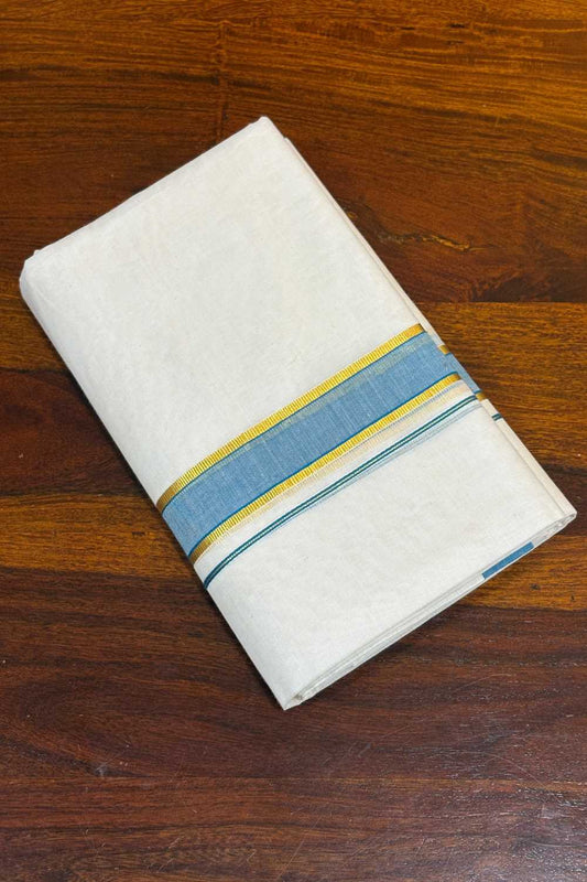 Offwhite Dhothi Thin Sky Blue & Golden Border