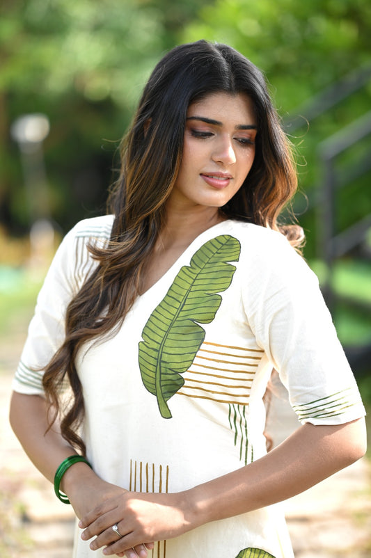Offwhite Aline Kurti with Banana leaf Block Print