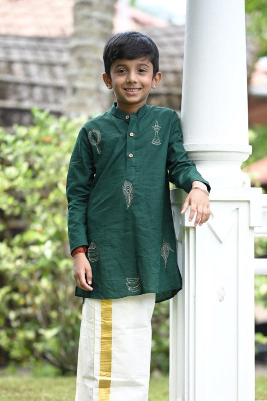Green Full Sleeve Kurta with Vishu Kani Embrodiery