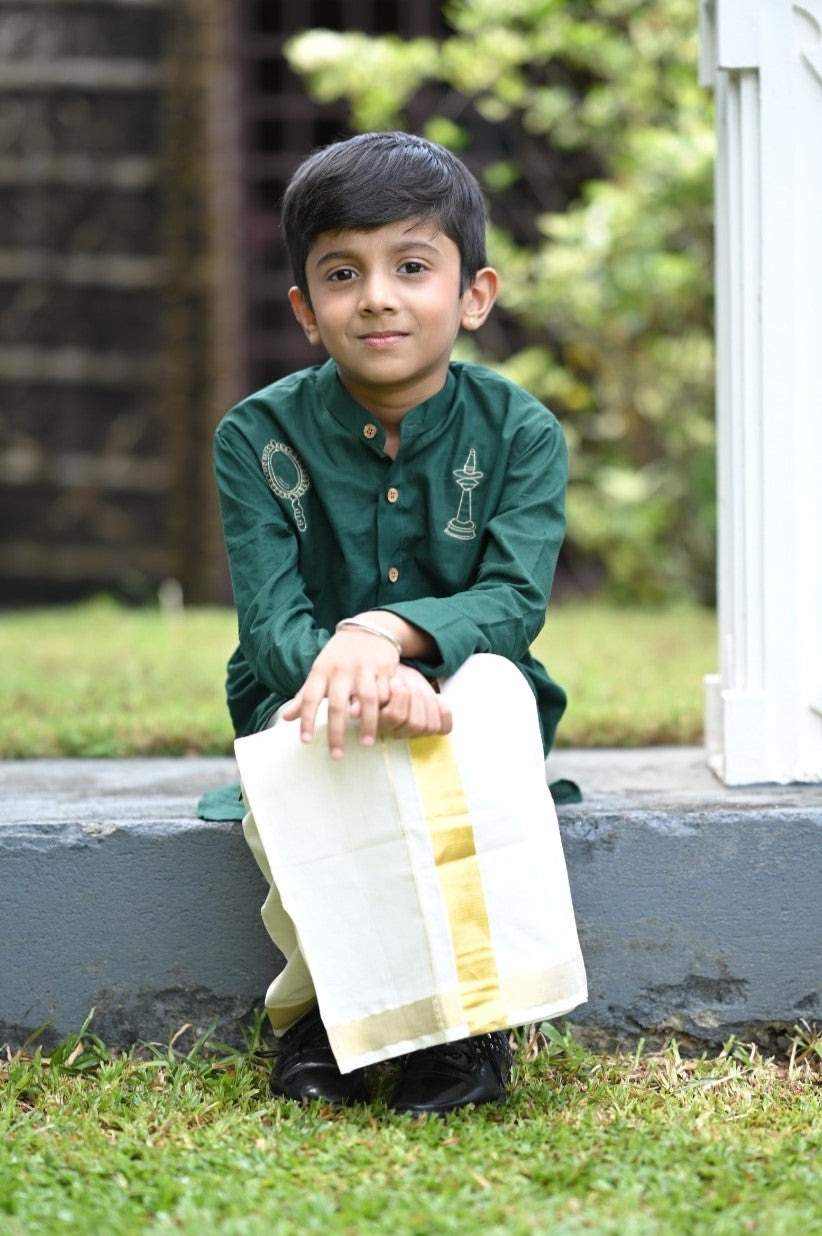 Green Full Sleeve Kurta with Vishu Kani Embrodiery