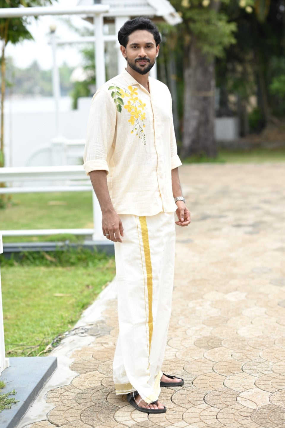 Offwhite Full Sleeve Shirt with Kanikonna Handpainted