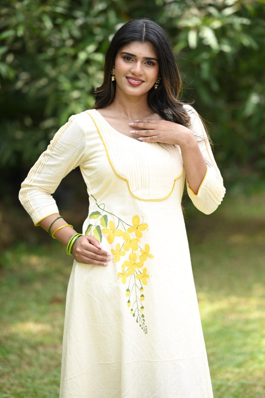 Offwhite Aline Kurti with Kanikonna Handpainted