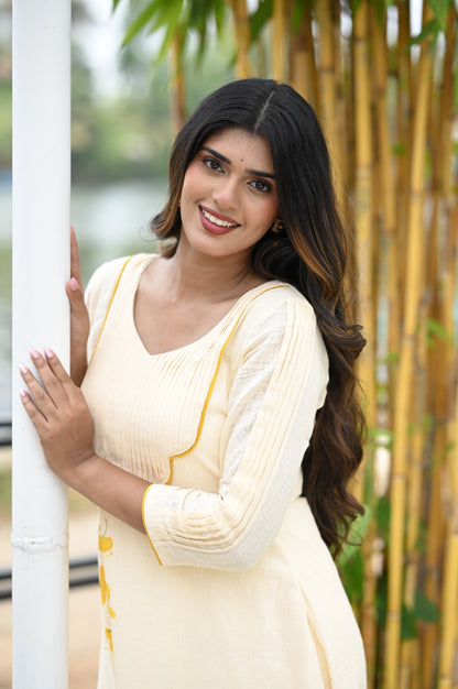 Offwhite Aline Kurti with Kanikonna Handpainted