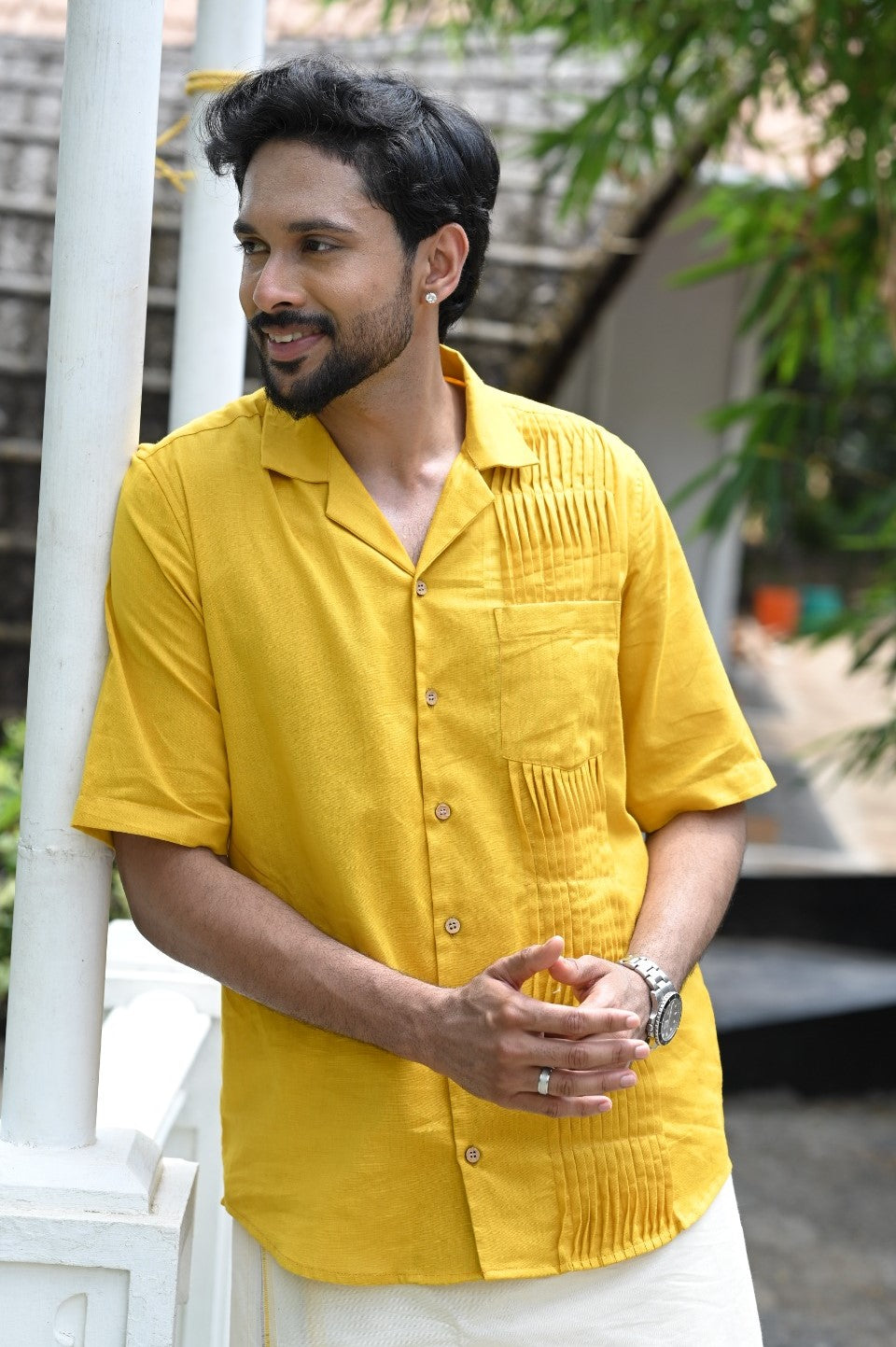 Yellow Half Sleeve Plain Shirt with Pin Tuck Detailing