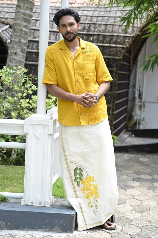 Offwhite Dhothi with Kanikonna Handpainted