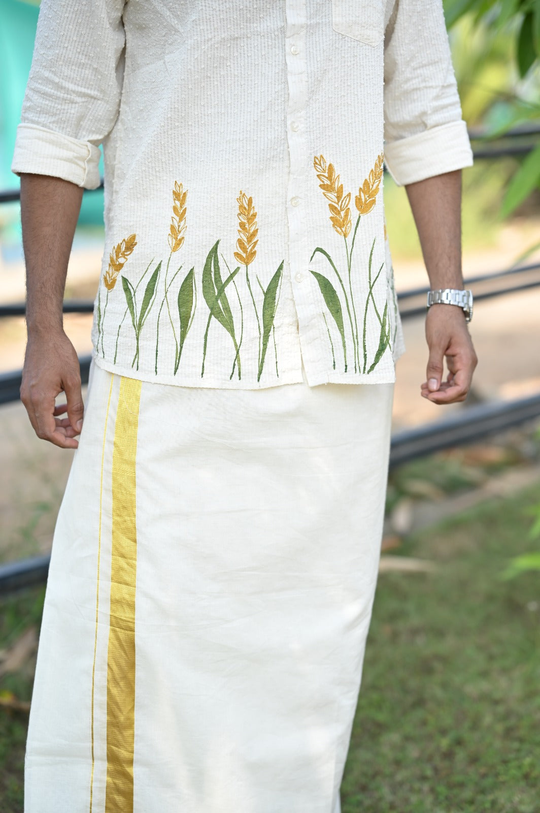 Offwhite Full Sleeve Shirt with Nelkathir Handpainted