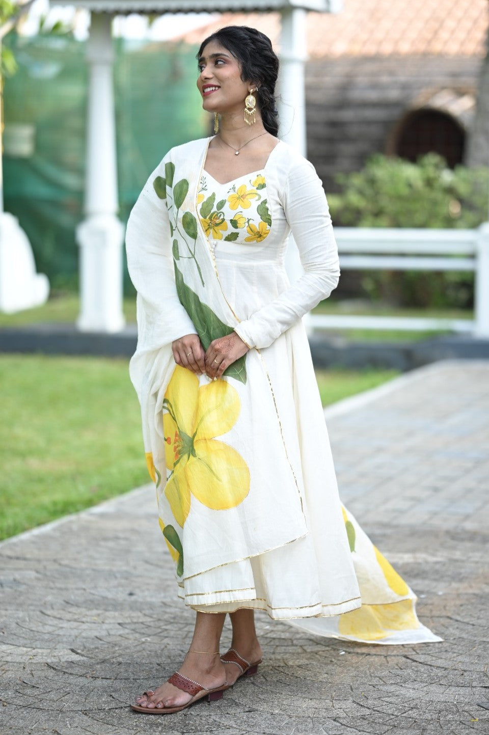 Hand Painted Kanikonna Offwhite Mul Chanderi Anarkali