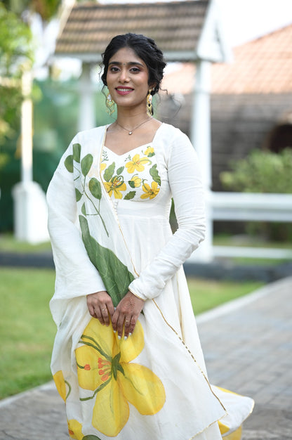 Hand Painted Kanikonna Offwhite Mul Chanderi Anarkali with Dupatta