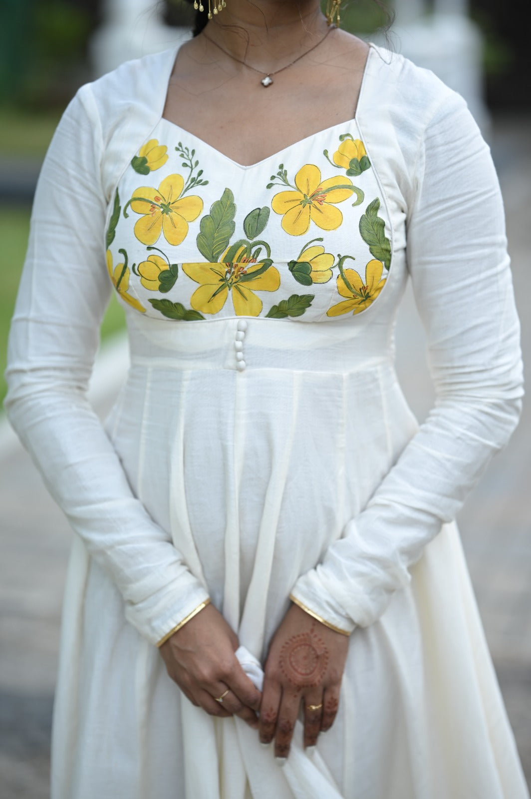 Hand Painted Kanikonna Offwhite Mul Chanderi Anarkali